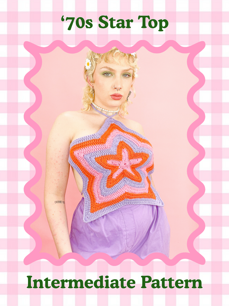 Crochet pattern cover of a woman wearing a star shaped top with a rainbow design in pink, orange and lilac with the words 'rainbow star top' and skill level 'intermediate' on the cover.