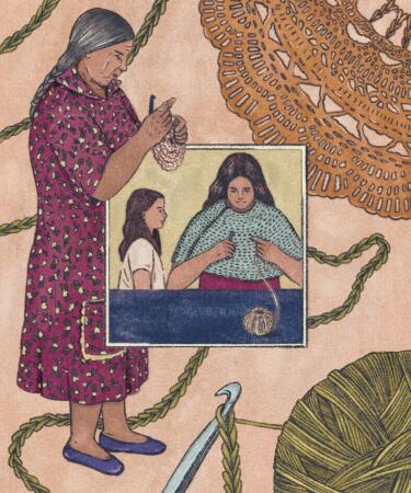 A drawing of a picture of a woman in the centre making a knitted shawl showing her child how to knit and around the image is an older woman crocheting with various crochet motifs around her.