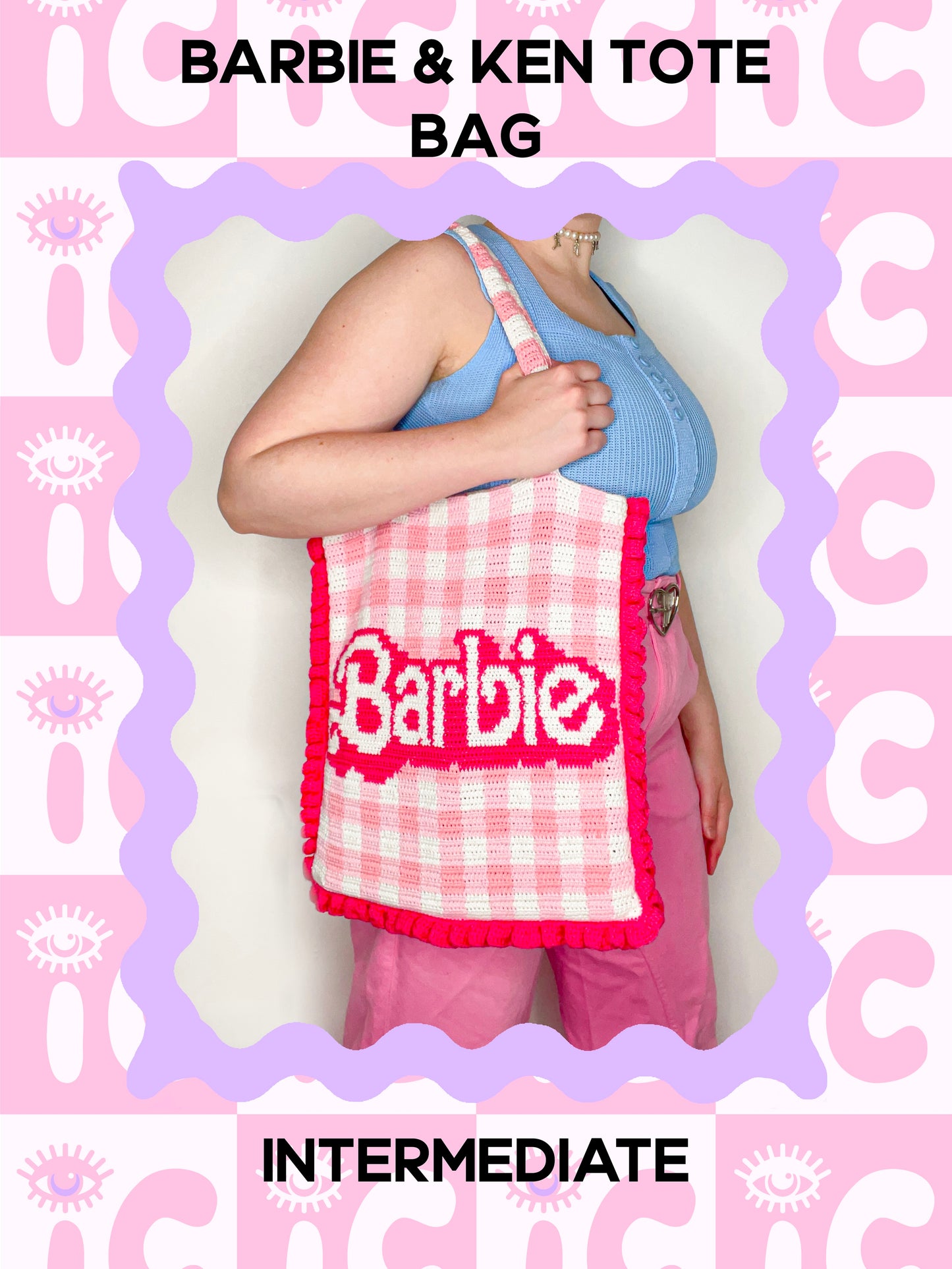 Crochet pattern cover of a woman wearing a gingham pink tote bag with pink frilly edges and the word 'Barbie' on the front, with the title 'Barbie and Ken Tote Bag' and skill level 'intermediate' on the front.