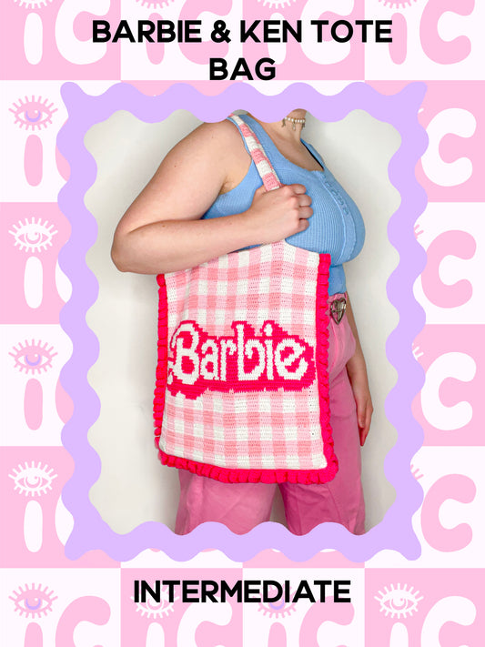 Crochet pattern cover of a woman wearing a gingham pink tote bag with pink frilly edges and the word 'Barbie' on the front, with the title 'Barbie and Ken Tote Bag' and skill level 'intermediate' on the front.