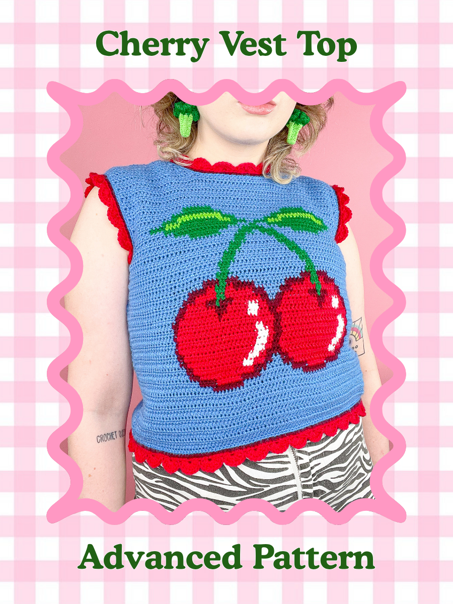 Crochet pattern cover of a vest top with a red cherry on the front with a text title 'cherry vest top' and the skill level 'intermediate'.