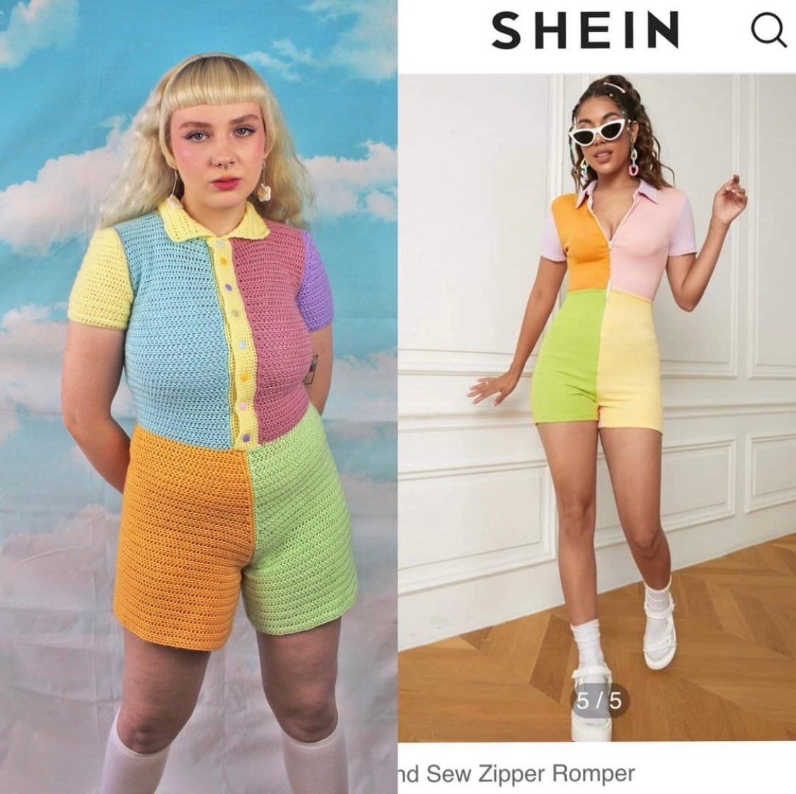 A collage of a woman in the left image posing wearing a hand crocheted play suit in pastel patchwork colours (Indigo Child's original design), in the right image a woman wearing an identical playsuit that is sold on Shein and stolen from the original design.