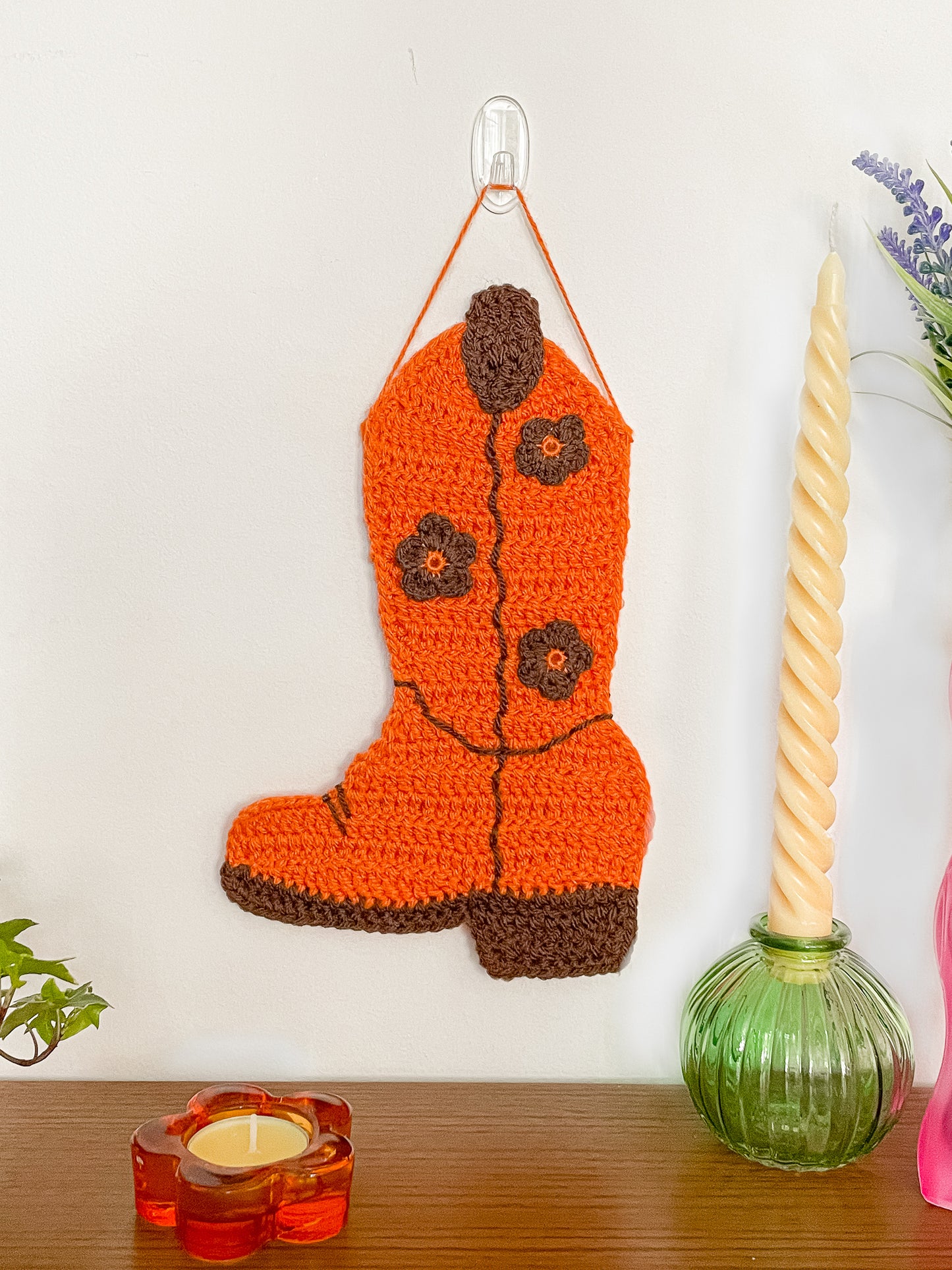 Cowboy Boot Crochet Wall Hanging in Orange