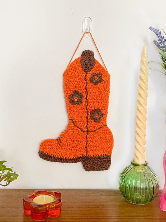 Cowboy Boot Crochet Wall Hanging in Orange