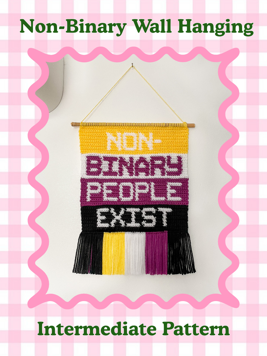 Crochet pattern cover of a wall hanging with the words 'non-binary people exist' on the front with the words 'non-binary wall hanging' and the skill level 'intermediate' on the front.
