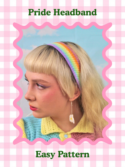 Crochet pattern cover of a woman wearing a pastel rainbow headband with a matching top, with the title text pride flag rainbow headband and the skill level easy around it.