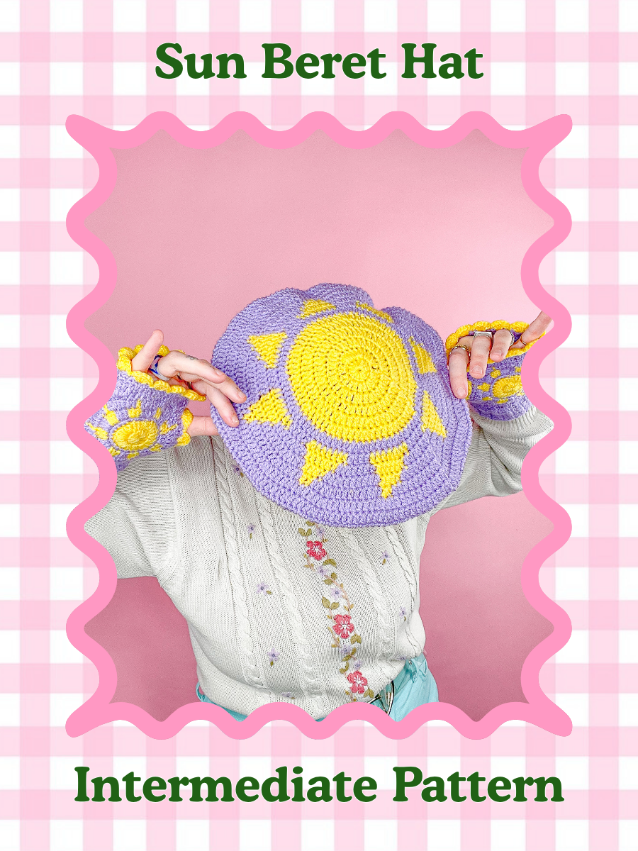A pattern cover of a woman wearing a lilac crochet beret with a sun on the top of it with the words 'sun beret hat' and the skill level 'intermediate' around it.