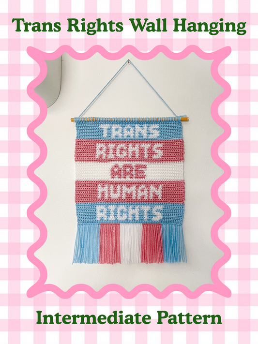 Crochet pattern cover of tapestry artwork with a quote 'trans rights are human rights', hanging on a wall with the words 'trans rights wall hanging' and the skill level 'intermediate' around it.